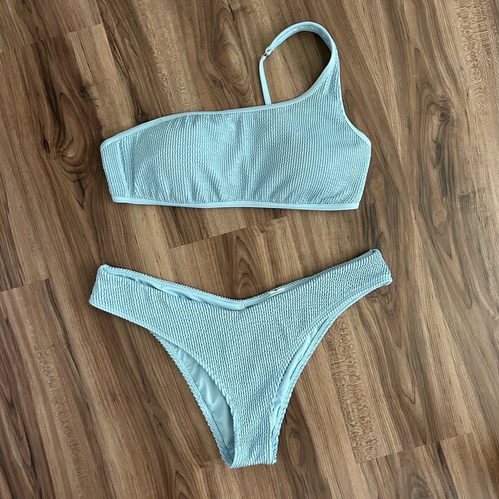 Abercrombie One-Shoulder Textured Bikini Set in Light Blue